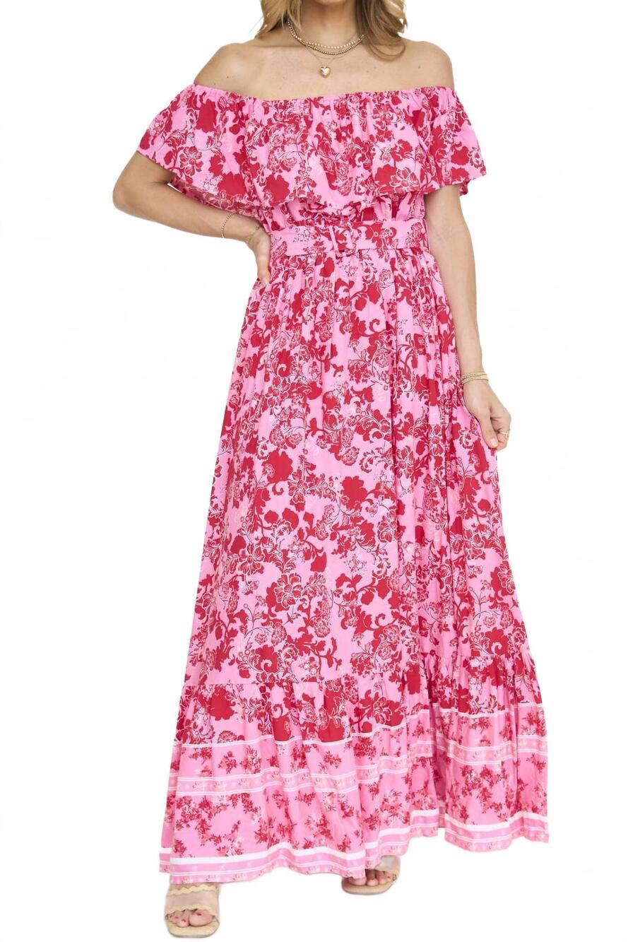NEW SUGARLIPS aiza floral otis off the shoulder maxi dress in cherry pink